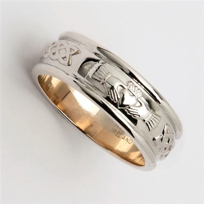 14k White Gold Men's Claddagh Wedding Ring 7mm