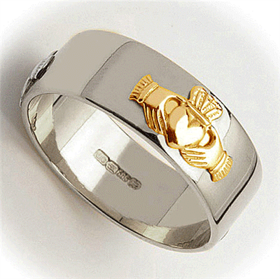 14k White Gold Men's Wide Claddagh Wedding Ring 8mm