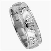 14k White Gold Men's Wide Trinity Claddagh Wedding Ring 7.5mm