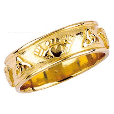 14k Yellow Gold Men's Wide Trinity Claddagh Wedding Ring 7.5mm