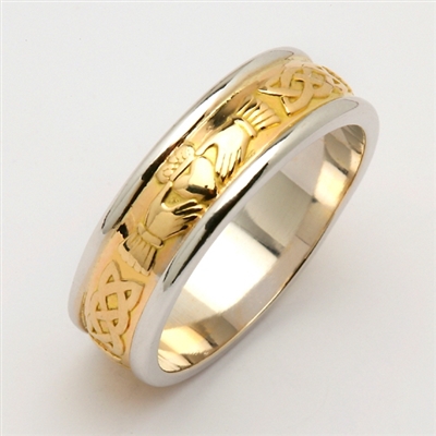 14k Gold 2 Tone Men's Claddagh Wedding Ring 6.7mm