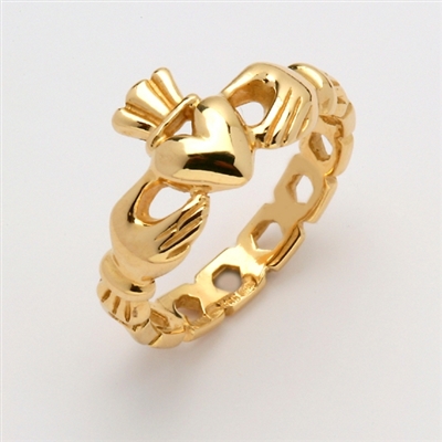 14k Yellow Gold Ladies Pierced "Mo Chroi" Claddagh Ring 10.5mm