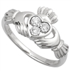 14k White Gold Ladies 3 Stone Diamond Claddagh Ring 10mm