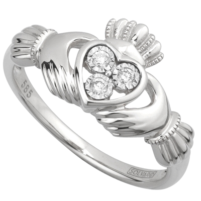 14k White Gold Ladies 3 Stone Diamond Claddagh Ring 10mm