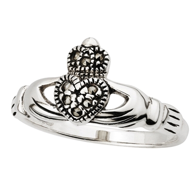 Sterling Silver Ladies Marcasite Claddagh Ring