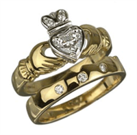 18k Yellow Gold Diamond Heart Claddagh Engagement Ring Set