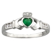 Sterling Silver Ladies Synthetic Emerald & C.Z. Shoulders Claddagh Ring 8mm