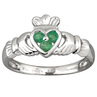14k White Gold Ladies 3 Emerald Heart Claddagh Ring 10mm