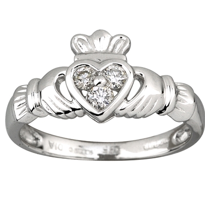 14k White Gold Ladies 3 Diamond Heart Claddagh Ring 10mm