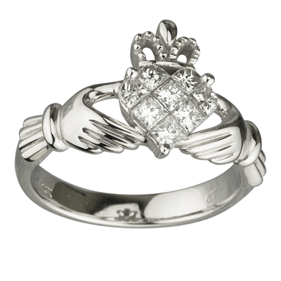 14k White Gold Ladies Diamond Claddagh Ring 12mm