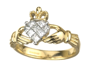 14k Yellow Gold Diamond Ladies Claddagh Ring
