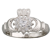 Sterling Silver Ladies C.Z. Cluster Claddagh Ring 10mm