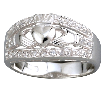 Sterling Silver Ladies Cubic Zirconia Wide Claddagh Ring