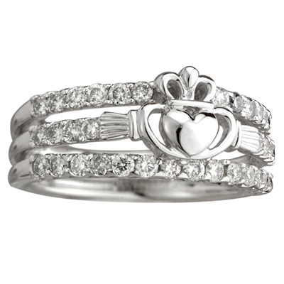 14k White Gold Ladies Diamond Claddagh Dress Ring