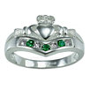 Sterling Silver Ladies Emerald CZ & White CZ Wishbone Claddagh Ring 11mm