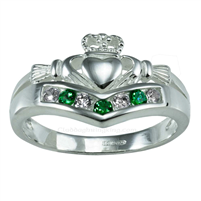 Sterling Silver Ladies Emerald CZ & White CZ Wishbone Claddagh Ring 11mm