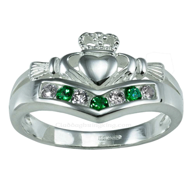 Sterling Silver Ladies Emerald CZ & White CZ Wishbone Claddagh Ring 11mm