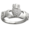 14k White Gold Ladies Micro Diamond Claddagh Ring 10mm