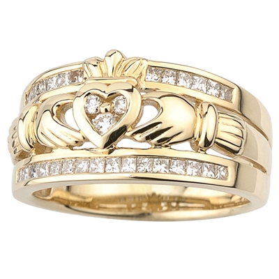 14k Yellow Gold Ladies Diamond Claddagh Ring