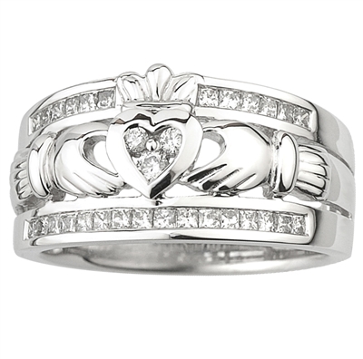 14k White Gold Ladies Diamond Claddagh Ring