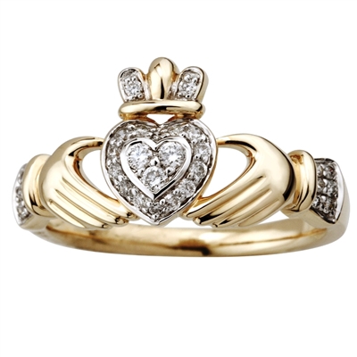 14k Yellow Gold Ladies Diamond Claddagh Ring 10mm