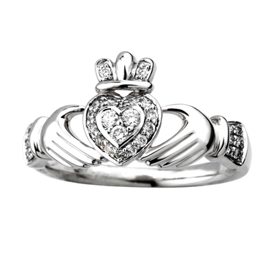 14k White Gold Ladies Diamond Claddagh Ring 10mm