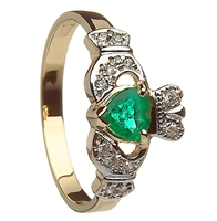 10k Yellow Gold Emerald Heart & CZ Ladies Claddagh Ring 11mm