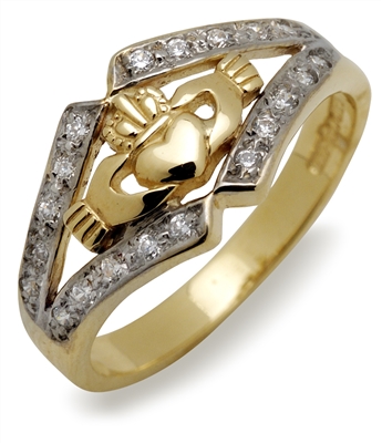 10k Yellow Gold Diamond Claddagh Ring 7.7mm