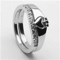 10k All White Gold Ladies 2 Part Diamond Claddagh Ring 7mm