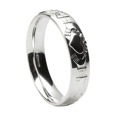 14k White Gold Men's Claddagh Wedding Ring 5mm - Comfort Fit