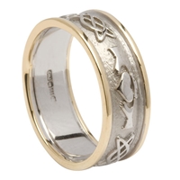 10k White Gold Men's Embossed Celtic Knot Claddagh Wedding Ring 8.6mm