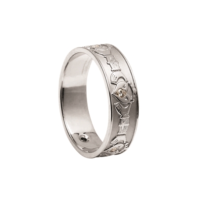 14k White Gold & Diamond Set Ladies Claddagh Wedding Ring 6.1mm