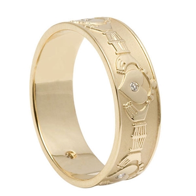 10k Yellow Gold & Diamond Men's Claddagh Wedding Ring 7.2mm