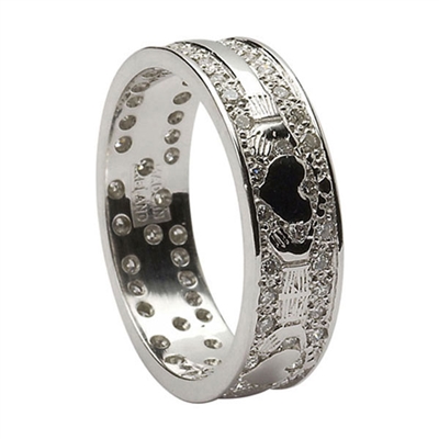 14k White Gold & Diamond Pave Set Ladies Claddagh Wedding Ring 6.1mm
