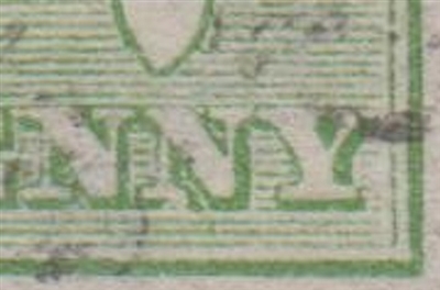 Kangaroo flaw ACSC 1(1)e White flaw on left base of second "N" of "PENNY" SG 1 variety First watermark Â½d green