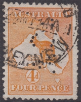 ACO.2 PERFIN on 4d kangaroo SG6 with white flaw above I in AUSTRALIA 1914 stamp