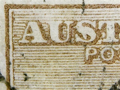 Kangaroo flaw ACSC 37(2)j Flaw on "S" of "AUSTRALIA" SG 41 variety 2L45 Flaw on "S" of "AUSTRALIA" third watermark 2/- brown die II plate variety.