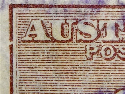 Kangaroo flaw ACSC 38(2)m 2R30 Break in left frame opposite base of "A" in "AUSTRALIA" 2/- Two Shillings 3rd Watermark SG 74 listed variety