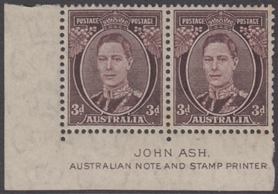 SG 187 Mint with gum 1941 King George VI ASH IMPRINT PAIR 3d Brown Australia