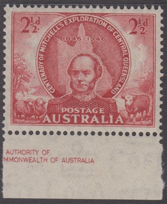 SG 216 Mint with gum 1946 Centenary of Mitchell's Exploration IMPRINT 2Â½d scarlet Australia