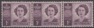 SG 222 1947 Marriage of Princess Elizabeth 1d purple joined strip of three MINT with ORIGINAL GUM