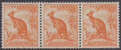 SG 228 1949 KANGAROO 2Â½D orange MINT with ORIGINAL GUM joined strip of three