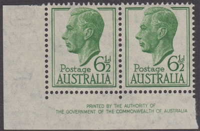 SG 250 Mint with gum 1952 King George VI BY AUTHORITY IMPRINT PAIR 6Â½d Green KGVI Australia