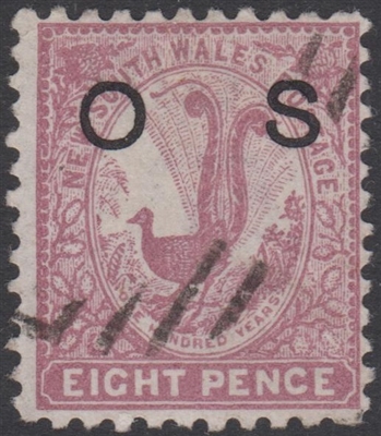 NSW SG O43 1888-1890 eight pence lyrebird lilac-rose