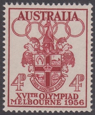 SG 290 1956 Olympics Arms of Melbourne 4d Carmine-red MINT HINGED Original Gum
