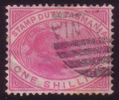 TAS SG F29 POSTALLY USED 1880 1/-. Perf 14. Platypus Stamp Duty.