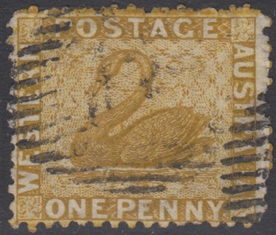 WA SG 52y Western Australia 1864-79 One Penny bistre swan WATERMARK crown to right and REVERSED