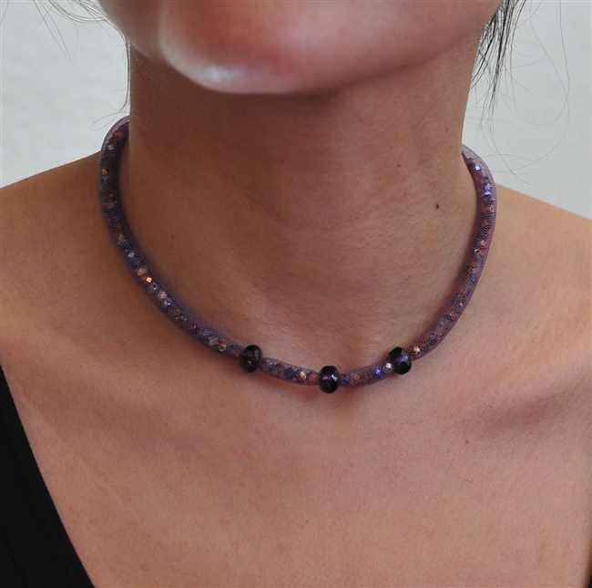 Skinny cords choker necklace with crystal outer beads.