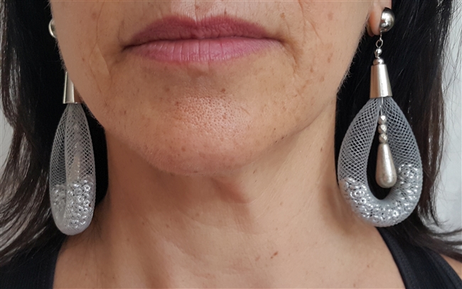 Loop dangle earrings with partial crystal filled mesh