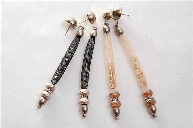 Long column earrings with faceted crystals and rhinestones
